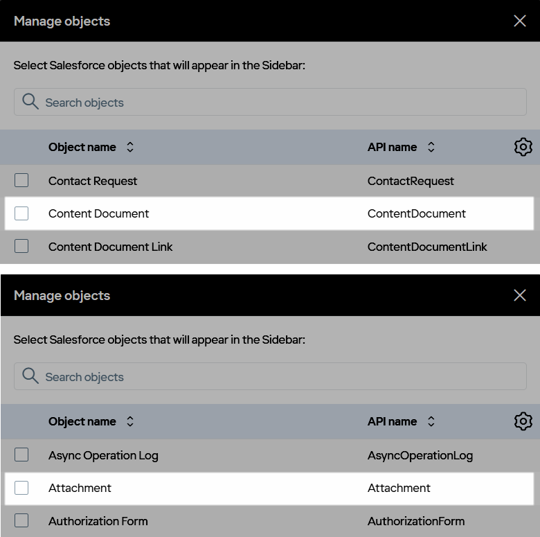 The Content Document and Attachment objects in the Manage objects dialogue